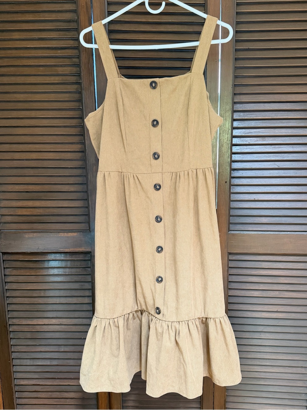 Corduroy Sleeveless Ruffle Hem Button-Front Dress in Camel